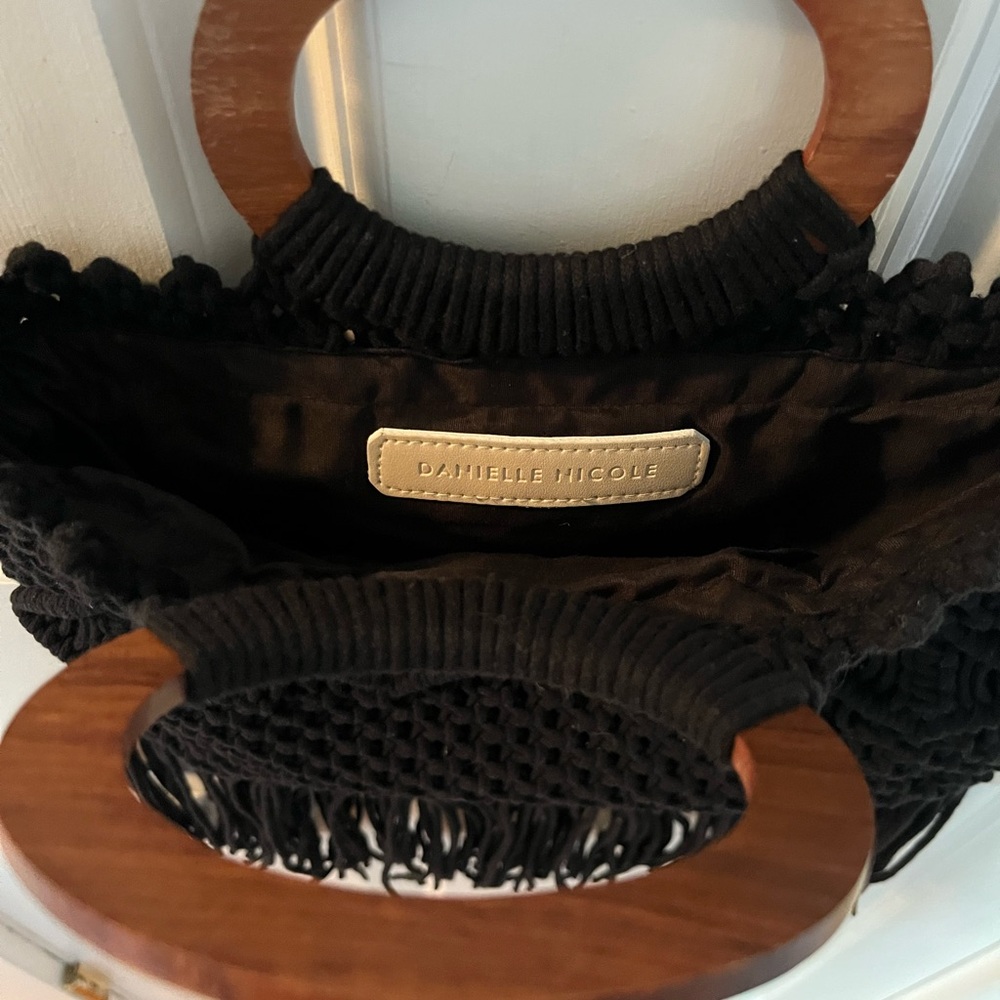 Danielle Nicole Black Tote Macrame Bag With Woode… - image 3